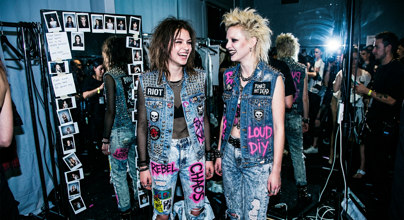 Backstage models in patched and bleached punk denim